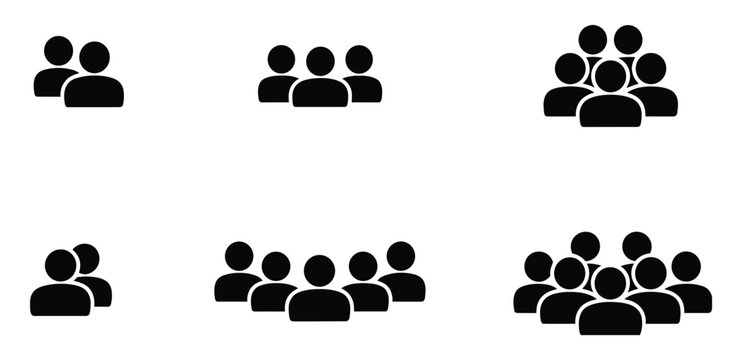 People Group Icons. A collection of simple, abstract icons depicting groups of people in varying sizes, illustrating concepts of community, team, and population.