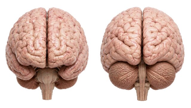 Human brain anatomy illustration featuring frontal and posterior views of a healthy adult brain isolated on a clean white background. 