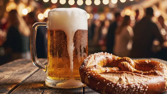 Cold beer mug with overflowing foam and soft pretzel on wooden table