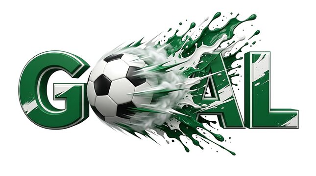 Dynamic soccer goal graphic with a classic black and white ball bursting through green paint splashes on white background.