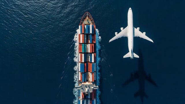 Global Logistics Connectivity: An aerial view showcases the contrast between a massive container ship and a commercial airliner traveling across the deep blue ocean.