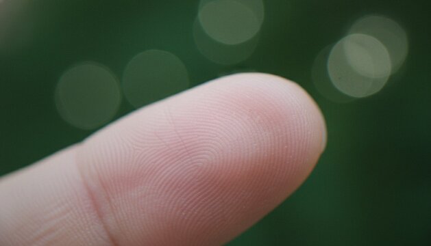 A detailed close-up shot of a human finger showing the unique fingerprint patterns with a soft-focus bokeh background.