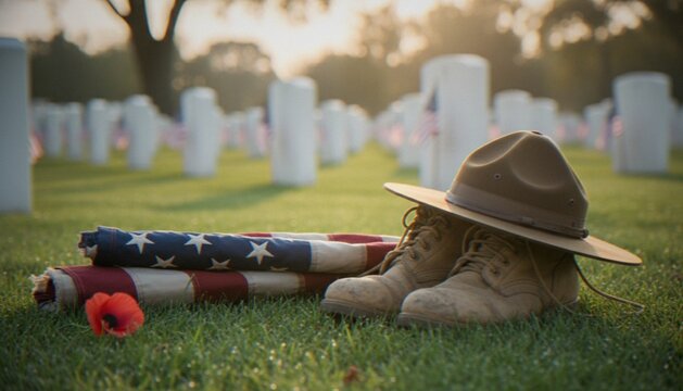 A campaign hat, military boots, and a folded American flag with a poppy rest on the grass at a military cemetery during sunset, honoring fallen soldiers.