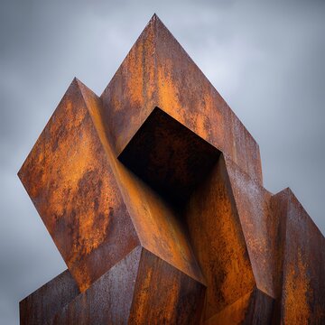 Abstract geometric steel sculpture featuring rusted orange surfaces and sharp angular blocks rising against a dramatic overcast grey sky in an outdoor public art installation