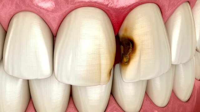 Close-up of a decayed tooth with visible damage, highlighting dental health issues and oral hygiene