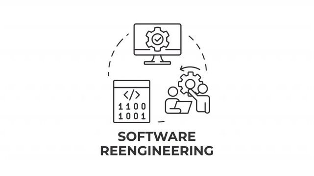 Software reengineering line concept icon animation. Program modernization strategies. Codebase digital transformation. Animated outline round motion graphic. Minimal HD video with alpha channel