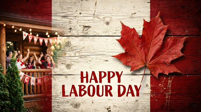 Happy labour day canadian celebration with maple leaf and festive crowd