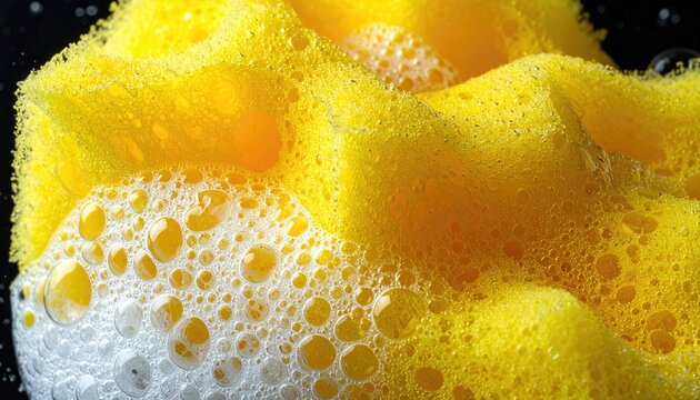 Yellow sponge covered in soapy bubbles, detailed close-up