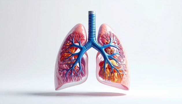 Detailed 3D render of healthy human lungs with branching airways