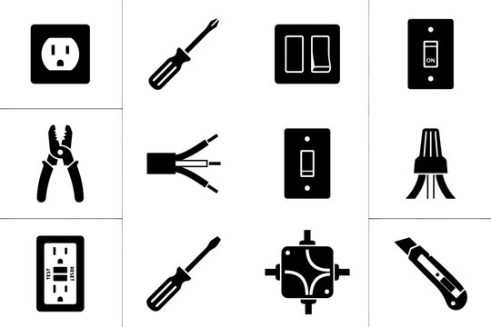 Electrical tools and components icons set including switches and cables.