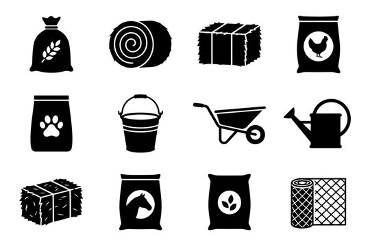 Farm icons set: feed bags, hay bales, wheelbarrow, watering can, bucket, pet paw.