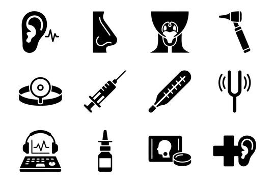 Medical icons for ent examination and treatment tools and symbols.