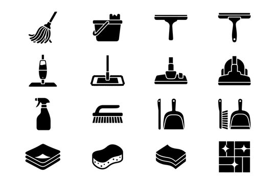 Set of black cleaning icons including mop, bucket, vacuum, broom, and sponge.