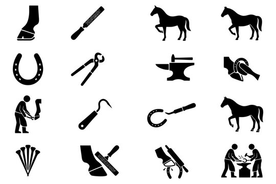 Equine farrier tools and techniques silhouette collection for horse care.