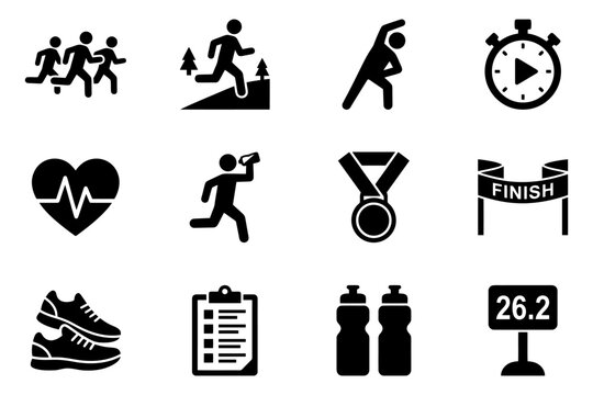Running icons set: runners, stopwatch, heartbeat, finish line, shoes, medal.