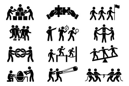Team building activities: collaboration, problem-solving, leadership, and teamwork icons.