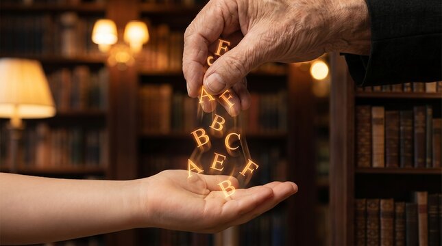 elderly hand young hand passing wisdom generations glowing alphabet learning wide emotional perspective quiet family legacy falling letters symbolize first lessons language literacy and an elder