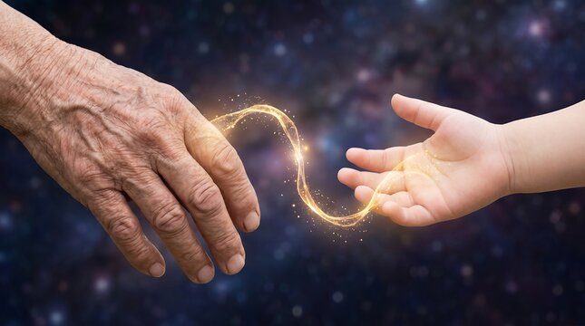 elderly hand young hand passing wisdom generations glowing connection string tender luminous exchange first lesson metaphor thread of light between hands symbolizes family bonds continuity memory and
