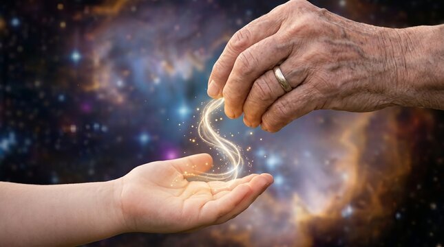 elderly hand young hand passing wisdom generations glowing connection string wide emotional perspective quiet family legacy thread of light between hands symbolizes family bonds continuity memory and