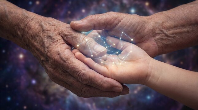 elderly hand young hand passing wisdom generations glowing constellation destiny warm symbolic closeup first lesson metaphor star map moving between palms suggests ancestral guidance destiny memory