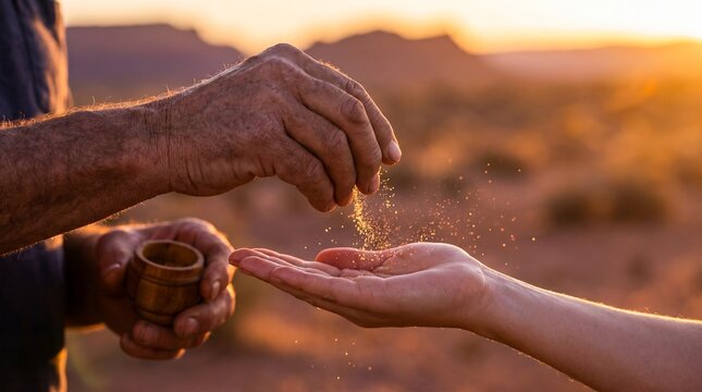 elderly hand young hand passing wisdom generations golden sand time intimate cinematic moment quiet family legacy falling sand represents stories accumulated over time patience mortality and precious