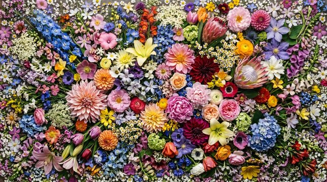Vibrant mixed flower background diverse colorful floral backdrop flat lay
