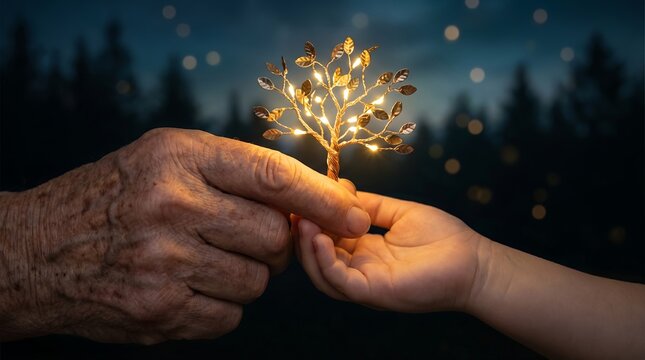 elderly hand young hand passing wisdom generations glowing family tree tender luminous exchange first lesson metaphor tiny luminous tree suggests ancestry resilience belonging and patient care growing