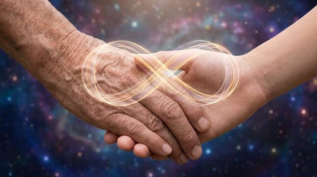 elderly hand young hand passing wisdom generations glowing infinity continuity intimate cinematic moment quiet family legacy infinite loop of light represents timeless love unbroken family bonds and