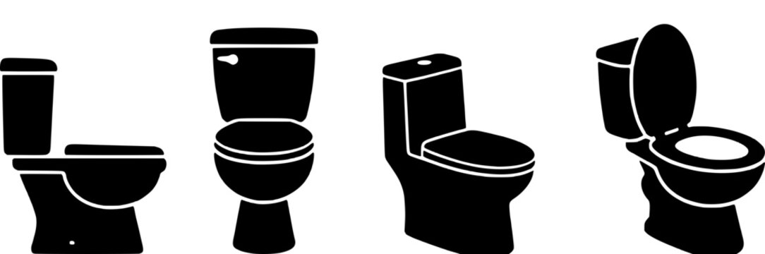 Four different toilet styles with white outlines on a white background, black silhouettes.