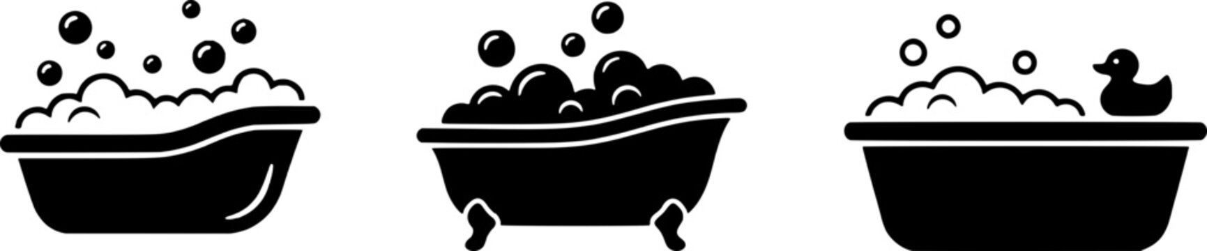 Three black silhouette bathtubs with bubbles and a rubber duck, illustration for bathroom or cleaning concept
