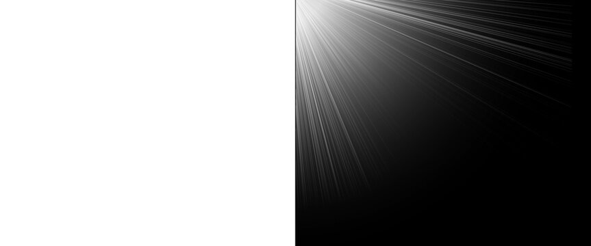 Minimalist sunburst light rays on black and white background, dramatic optical lens flare effect, high contrast abstract sunbeam texture for overlays