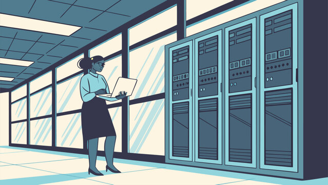 Female technology manager monitoring system performance, ensuring efficient operations within modern data center environment.