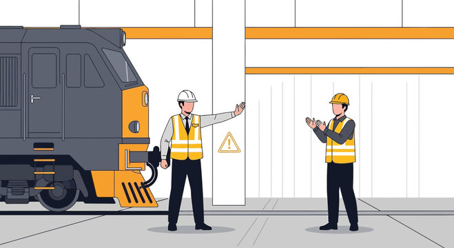 Trainyard Workers Directing Locomotive in Industrial Setting