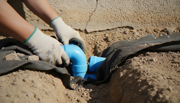 A construction worker wearing safety gloves installs a blue PVC pipe elbow fitting into a trench in the dirt, preparing for a drainage or plumbing installation.
