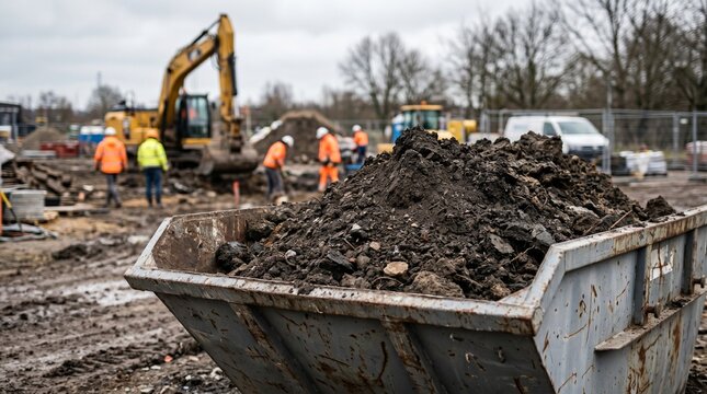 Construction site with a large skip full of excavated earth, workers, and heavy machinery in the background on a cloudy day.