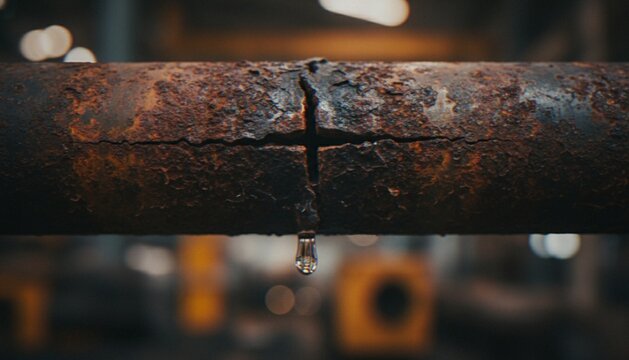 A close-up of a severely rusted metal pipe with a prominent crack leaking a single drop of water in an industrial setting.
