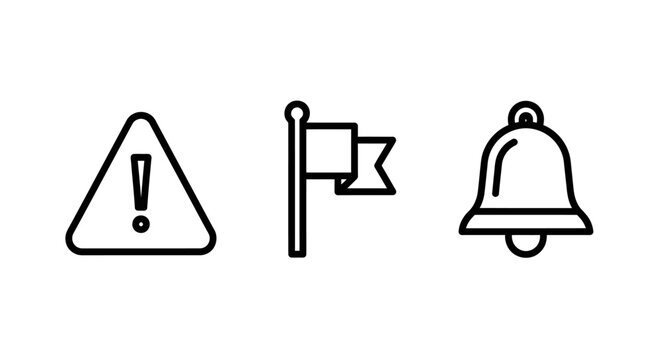 Attention flag notification bell icons with attention notification important minimalist collection elements communication feedback information guidance activity