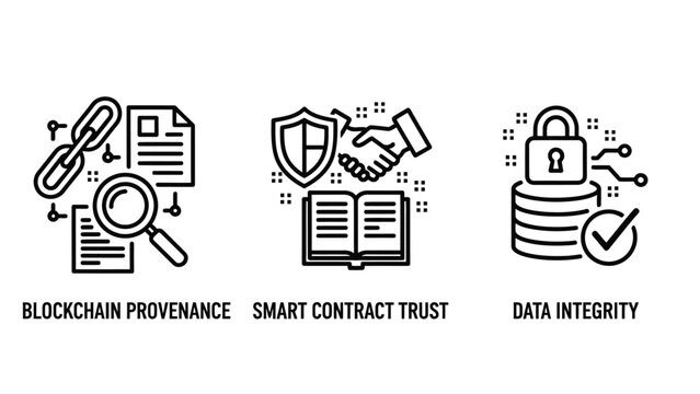 Set of blockchain provenance smart contract trust and data integrity icons blockchain provenance contract integrity security cryptocurrency technology business document handshake magnifier