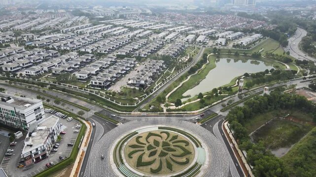 Aerial View of Eco Ardence Township with Residential Housing and Landmark Roundabout in Selangor Malaysia