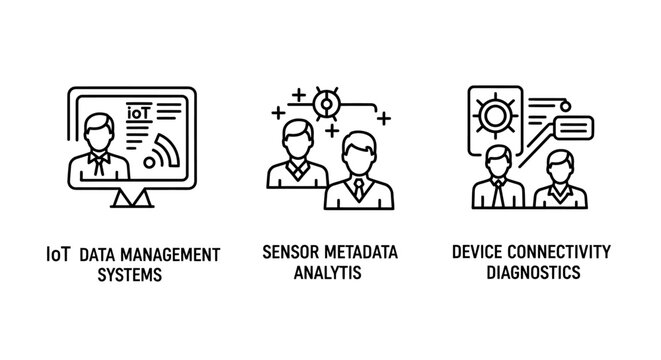 Io t data management sensor metadata and connectivity diagnostic icons with management metadata analysis connectivity diagnostics technology internet information computing communication