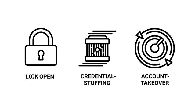 Cybersecurity lock open credential stuffing and account takeover icons with cybersecurity credential stuffing takeover security protection internet information unauthorized password identity