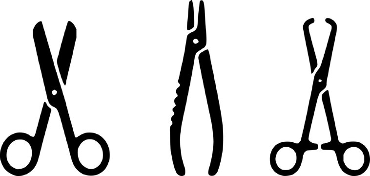 Three black and white illustrations of scissors and shears, cutters and nail clippers, isolated on a white background.