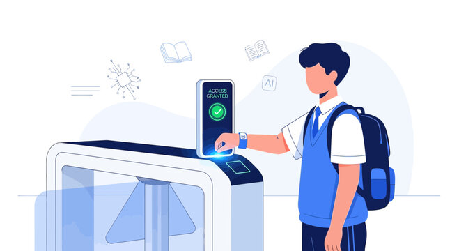 Student passes through smart access control gate with phone and backpack