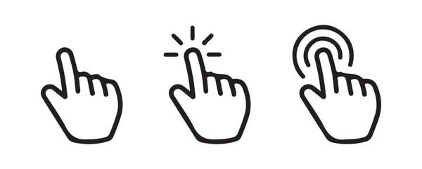 Obraz premium Pointer hand icons for website navigation showcasing finger click gesture in three different styles.