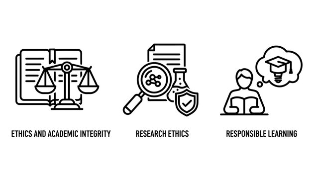 Educational icons for ethics and academic integrity featuring balance scales research tools responsible learning integrity education research learning academic magnifying knowledge laboratory