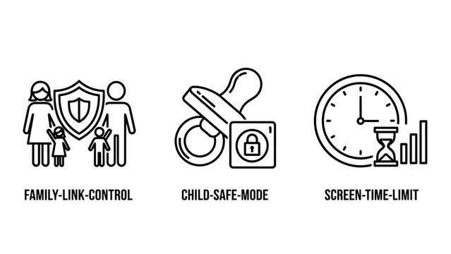 Digital parenting icons for family link control child safe mode screen time limit settings protection wellbeing security pacifier hourglass schedule restriction monitoring software