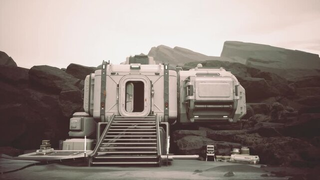 Initial habitat installation on dusty terrain at dawn. First human shelter established on barren land during sunrise with cargo and hoses present