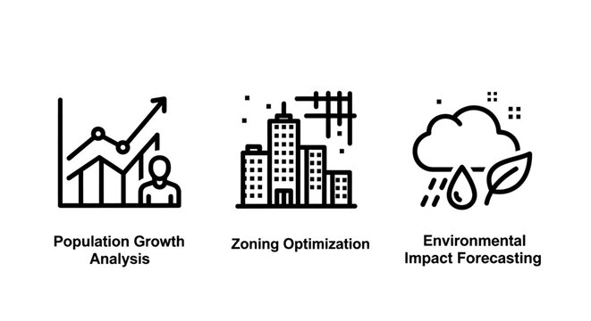 Population growth analysis zoning optimization and environmental impact icons with population analysis optimization environmental forecasting development buildings planning statistics