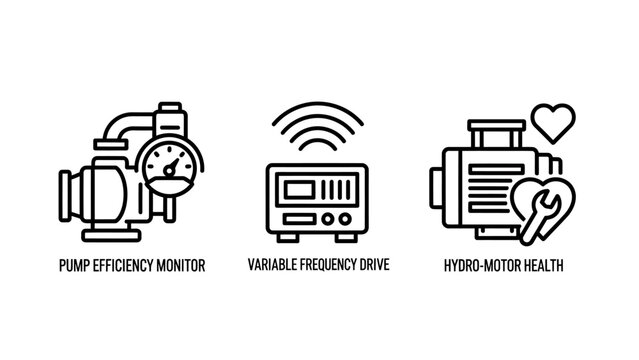 Industrial monitoring and maintenance line icon set for engineering equipment with industrial monitoring maintenance efficiency engineering technology frequency variable automation hardware