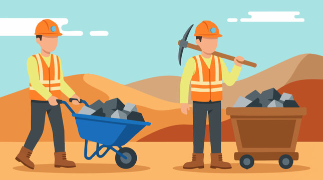 Miners working with pickaxe, wheelbarrow, and cart, illustration